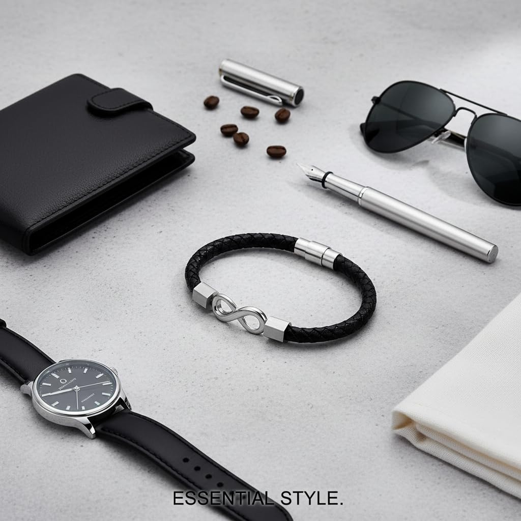 Black Leather Bracelet Polished Silver Infinity