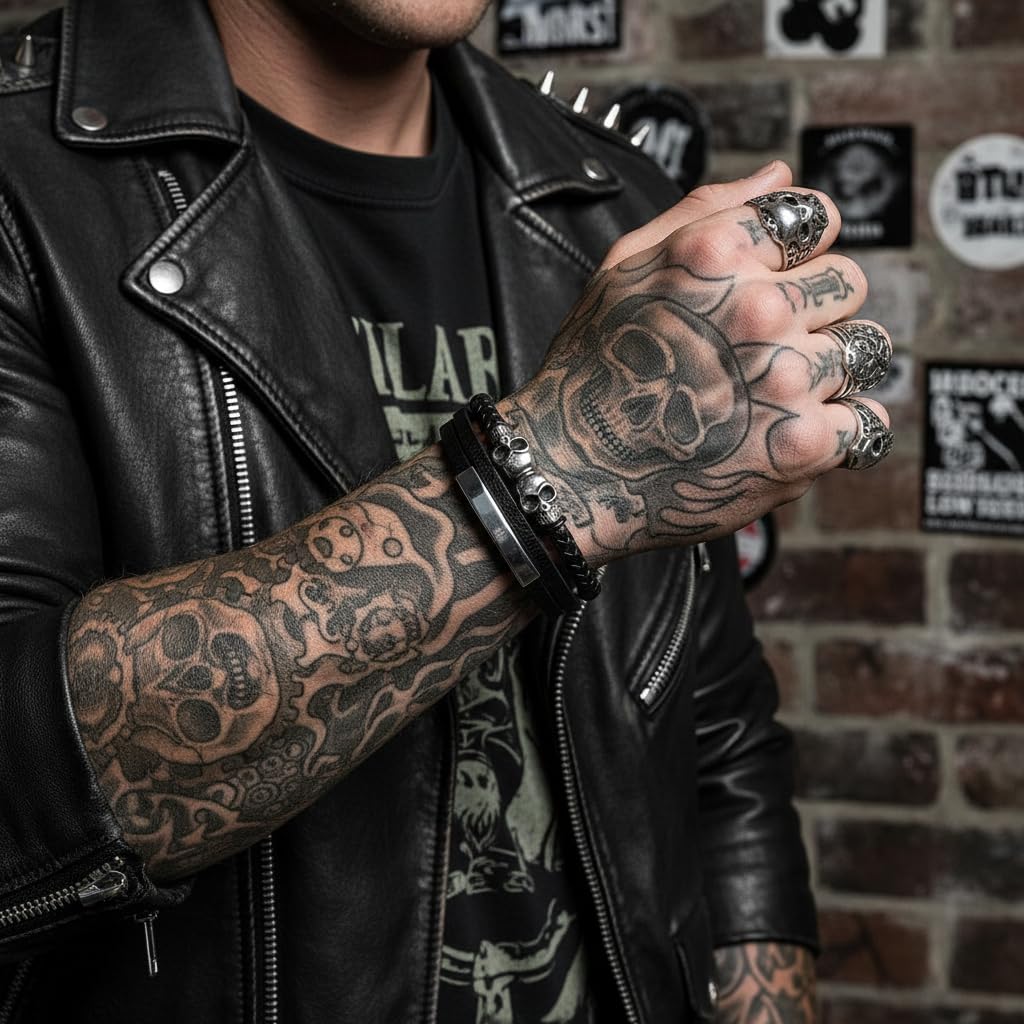 Men's Leather Skull Bracelet - Antique Silver Nordic Viking
