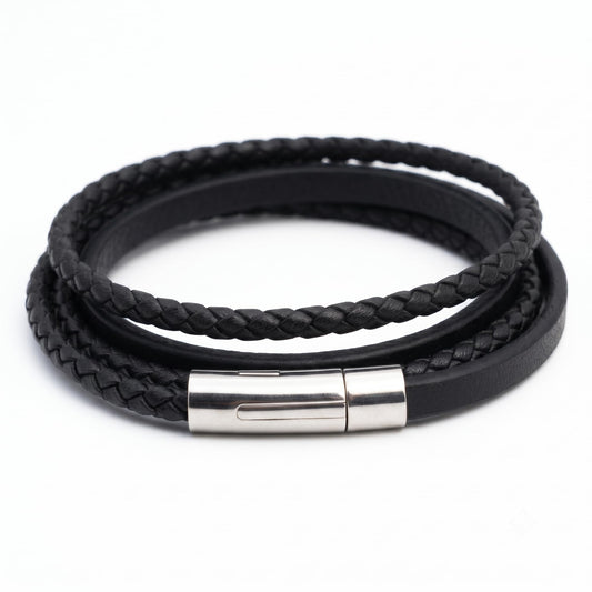Men's Black Braided Leather Bracelet