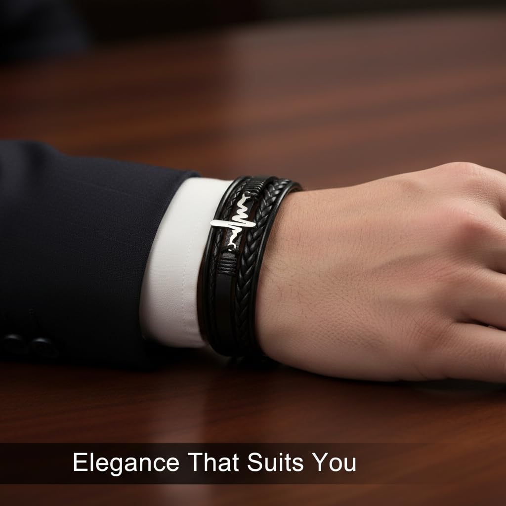 Heart Beat Multi-Layer Braided Leather Bracelet Black
