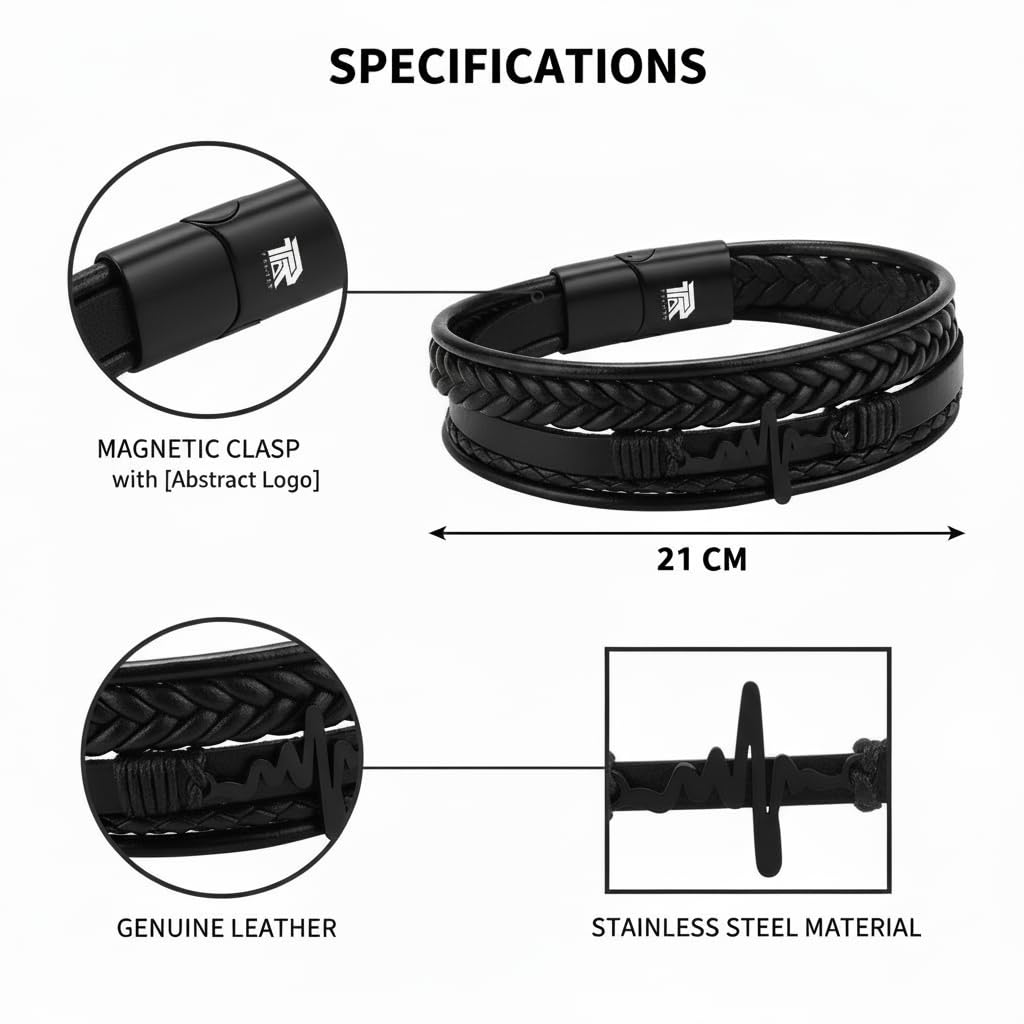 Heart Beat Multi-Layer Braided Leather Bracelet Black