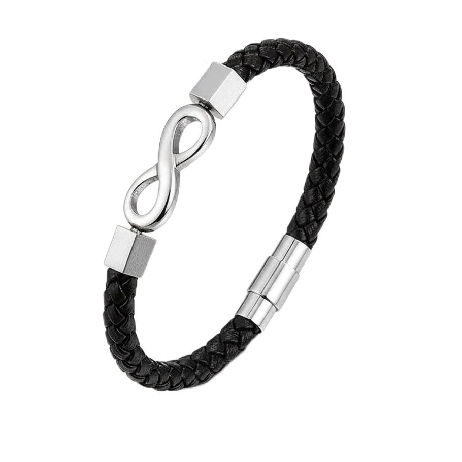 Black Leather Bracelet Polished Silver Infinity
