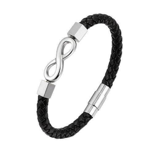 Black Leather Bracelet Polished Silver Infinity