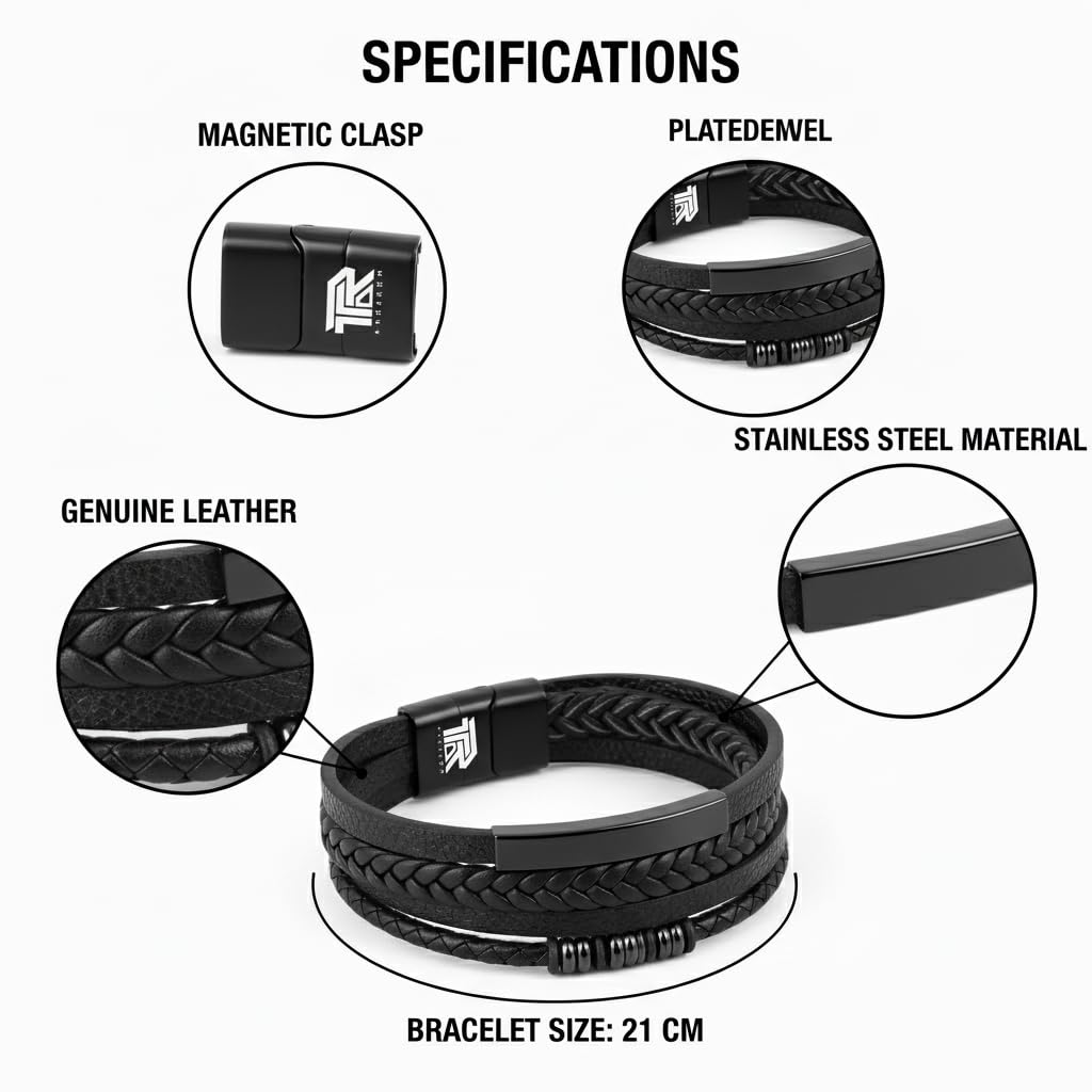 Unisex Black Braided Leather Bracelet with Gift Box