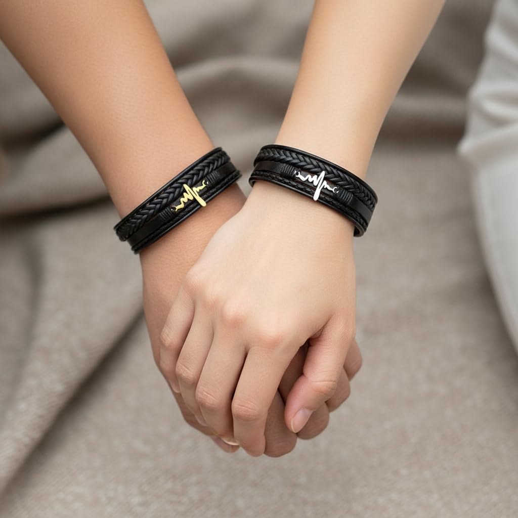 Heart Beat Multi-Layer Braided Leather Bracelet Black