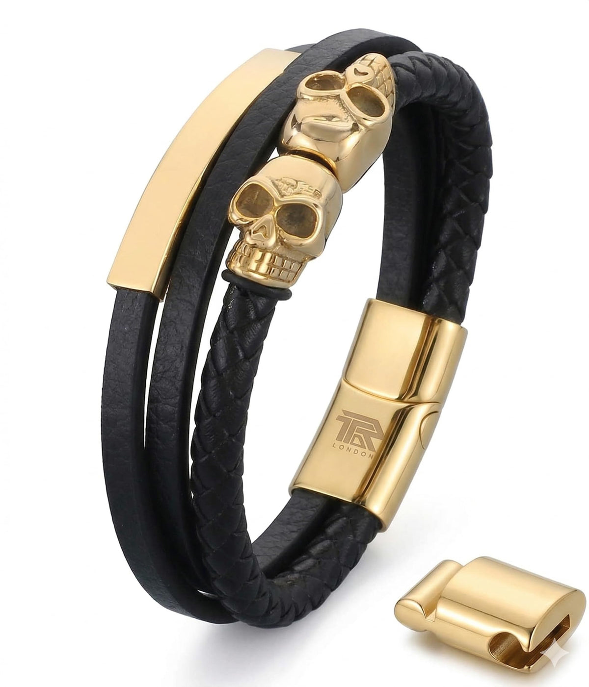 Men's Leather Skull Bracelet - Magnetic Gothic Viking Style