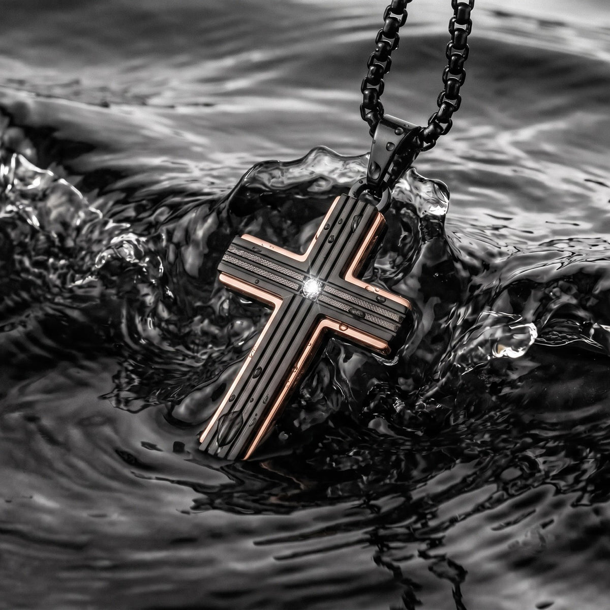 Men's Black Stainless Steel Cross Necklace Black Mosaic