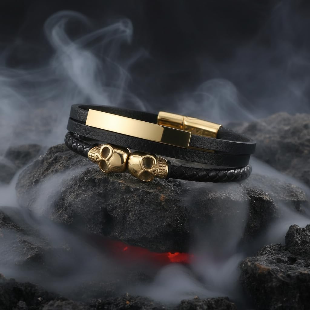 Men's Leather Skull Bracelet - Magnetic Gothic Viking Style