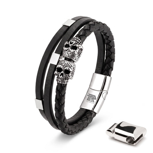 Men's Leather Skull Bracelet - Braided Silver Skulls