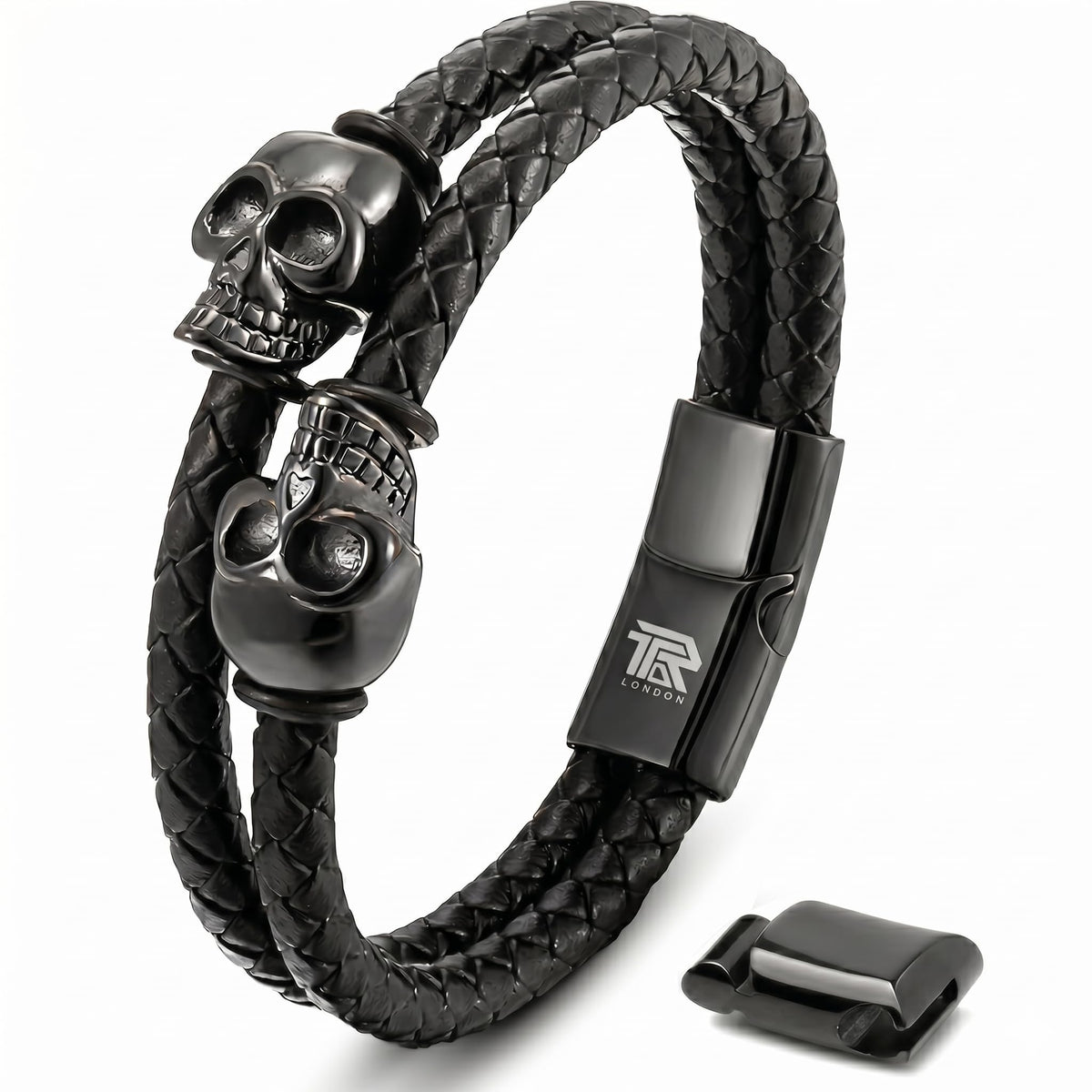 Men's Leather Skull Bracelet - Magnetic Gothic Viking Style