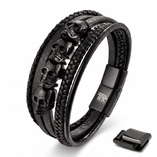 Men's Leather Skull Bracelet - Midnight Black 5-Skull