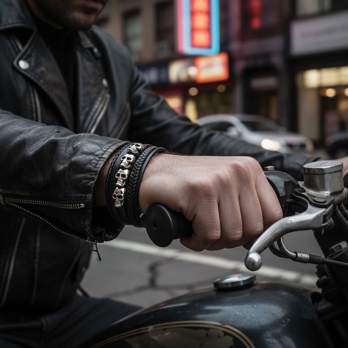 Men's Leather Skull Bracelet - Magnetic Gothic Viking Style