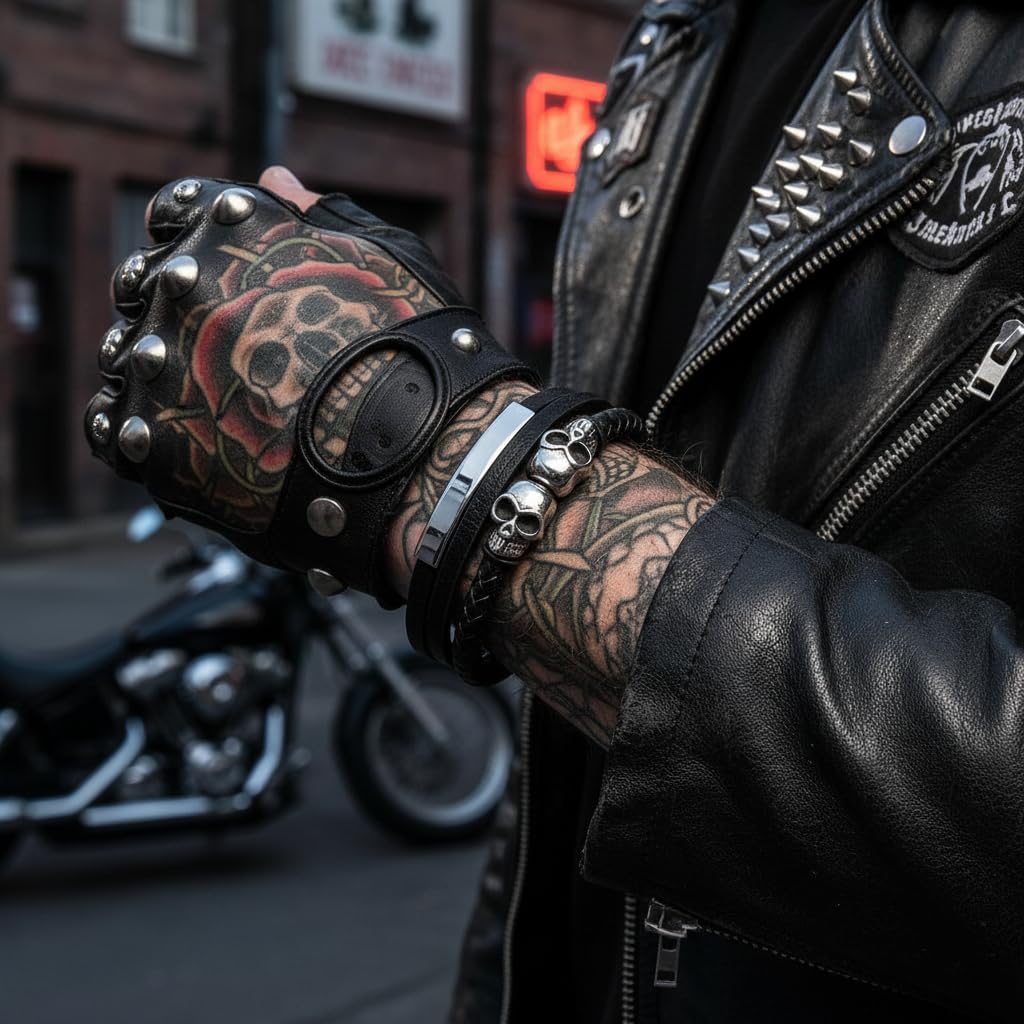 Men's Leather Skull Bracelet - Antique Silver Nordic Viking