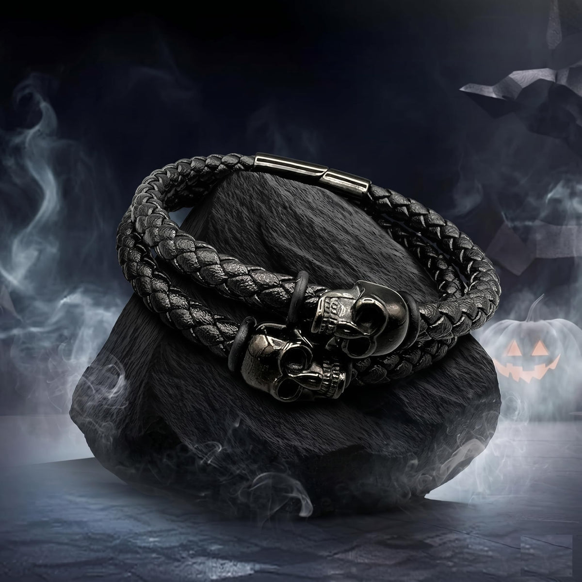 Men's Leather Skull Bracelet - Magnetic Gothic Viking Style