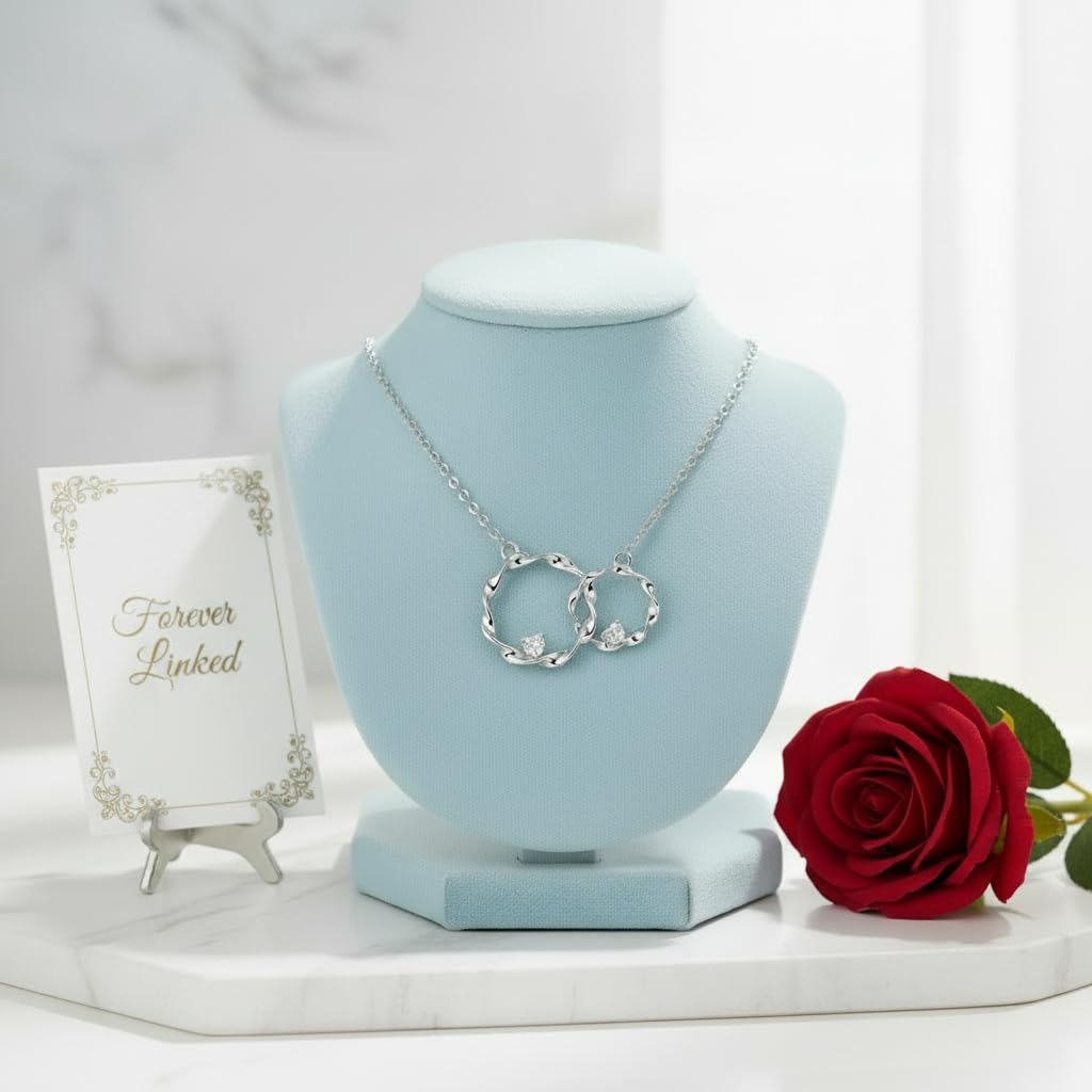 925 Sterling Silver Interlocking Infinity Circle Necklace with Heart Accents