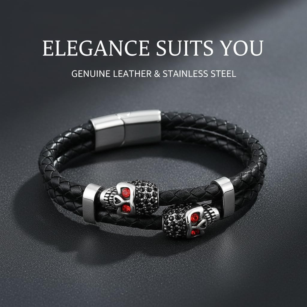 Men's Leather Skull Bracelet - Crimson Red Eye Dual Skull