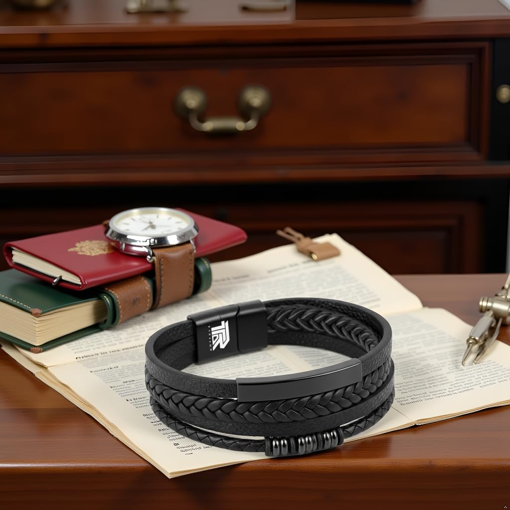 Unisex Black Braided Leather Bracelet with Gift Box