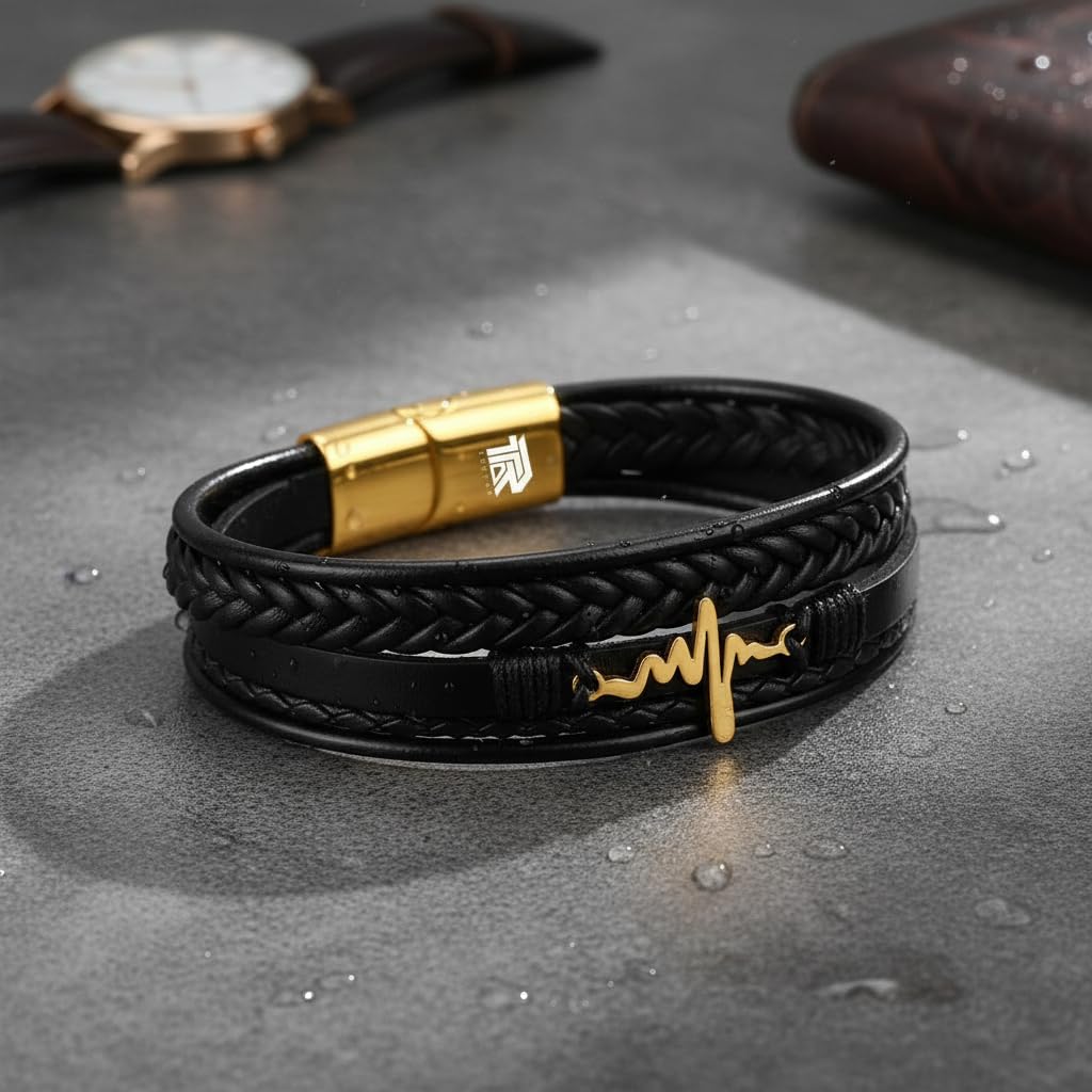 Heart Beat Multi-Layer Braided Leather Bracelet Black