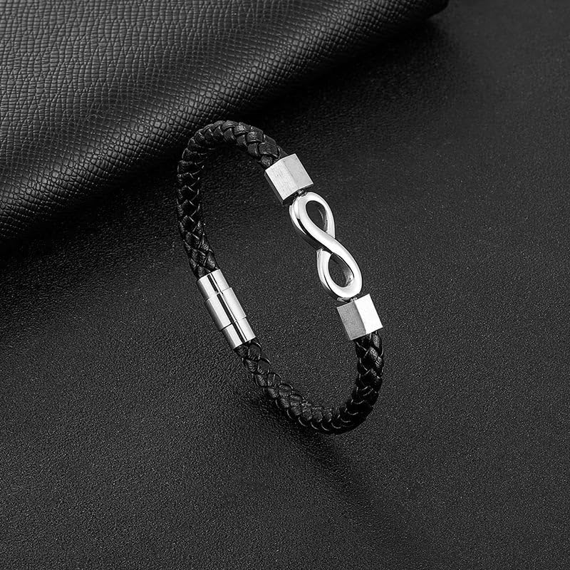 Black Leather Bracelet Polished Silver Infinity