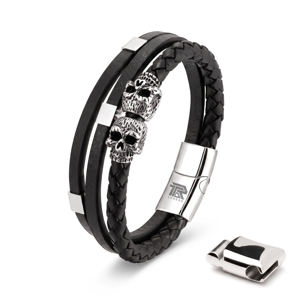 Men's Leather Skull Bracelet - Magnetic Gothic Viking Style