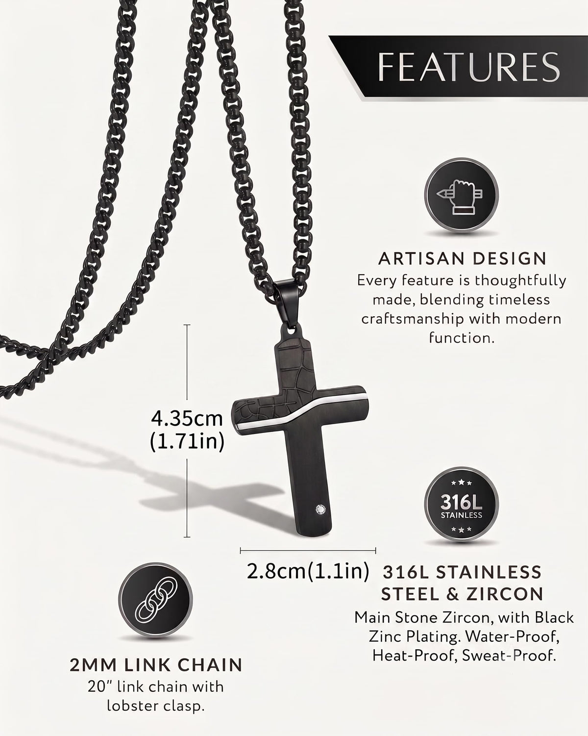 Men's Black Stainless Steel Cross Necklace Black Mosaic