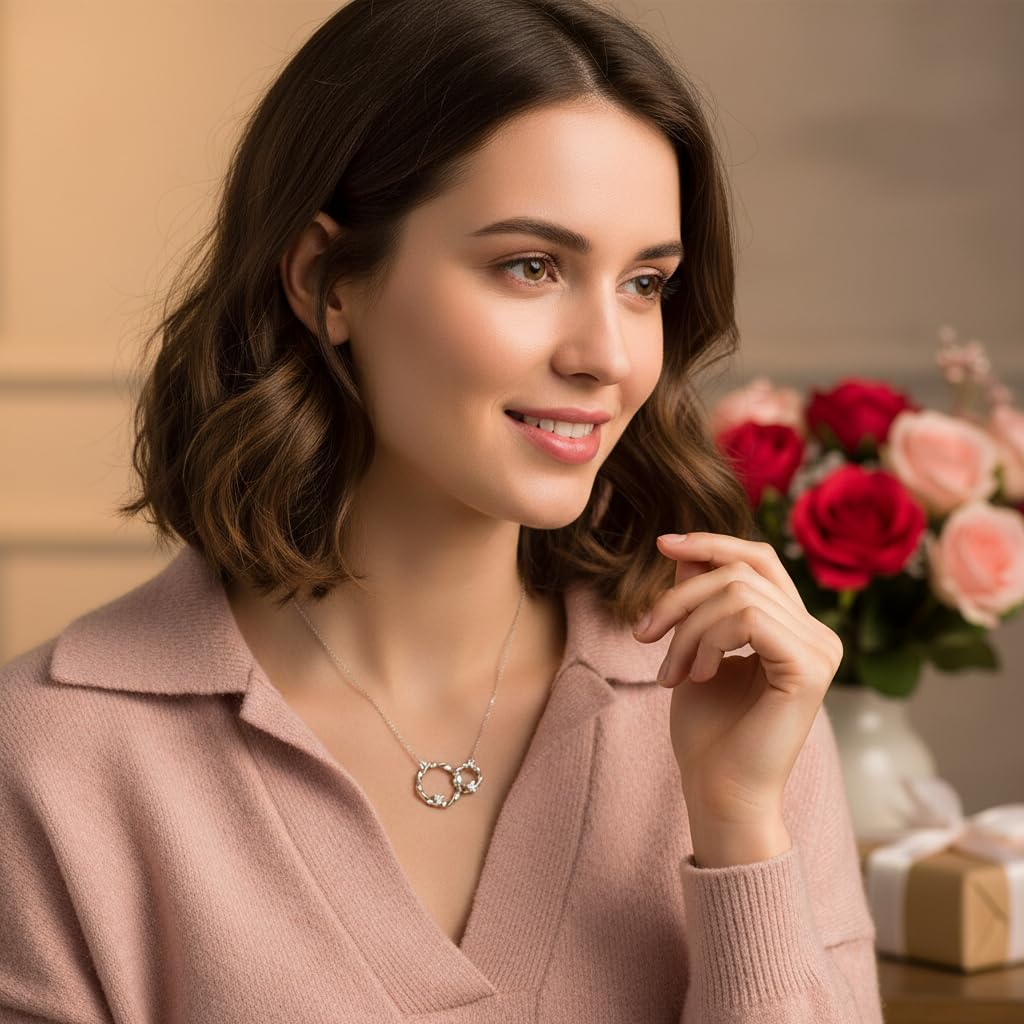 925 Sterling Silver Interlocking Infinity Circle Necklace with Heart Accents