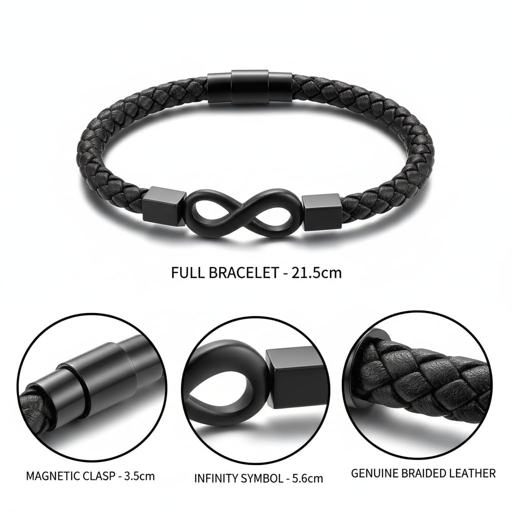 Black Leather Bracelet Matte Black Infinity
