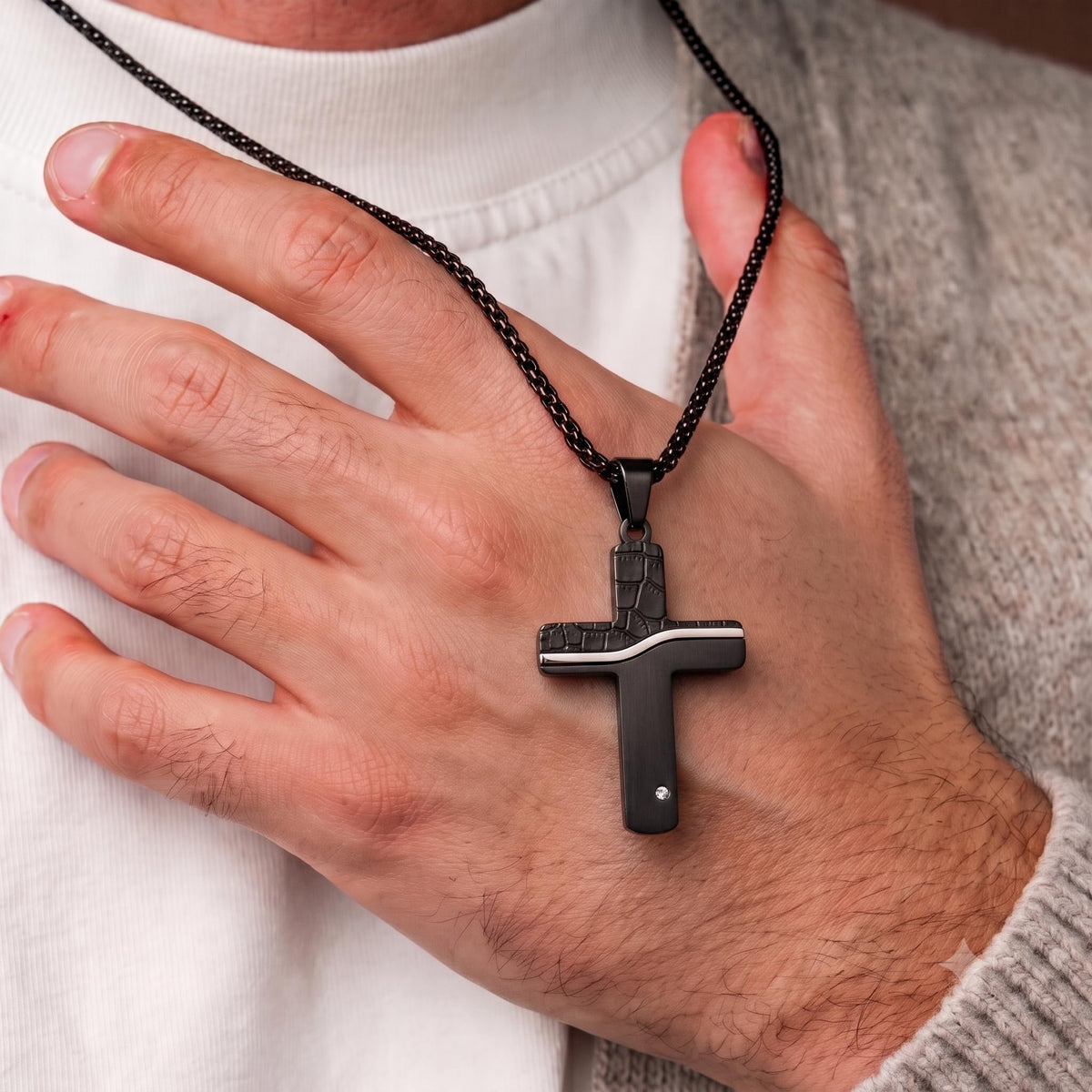 Men's Black Stainless Steel Cross Necklace Black Mosaic