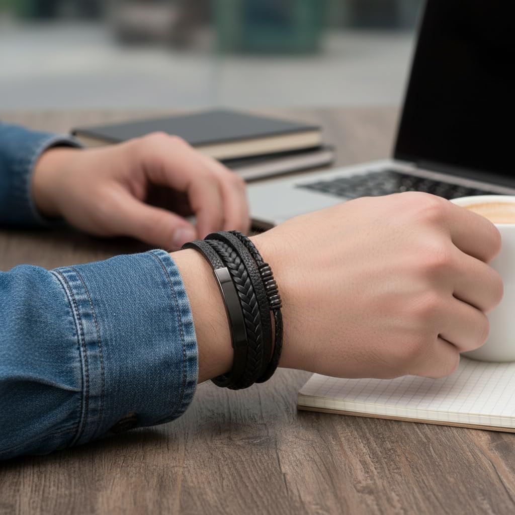 Unisex Black Braided Leather Bracelet with Gift Box