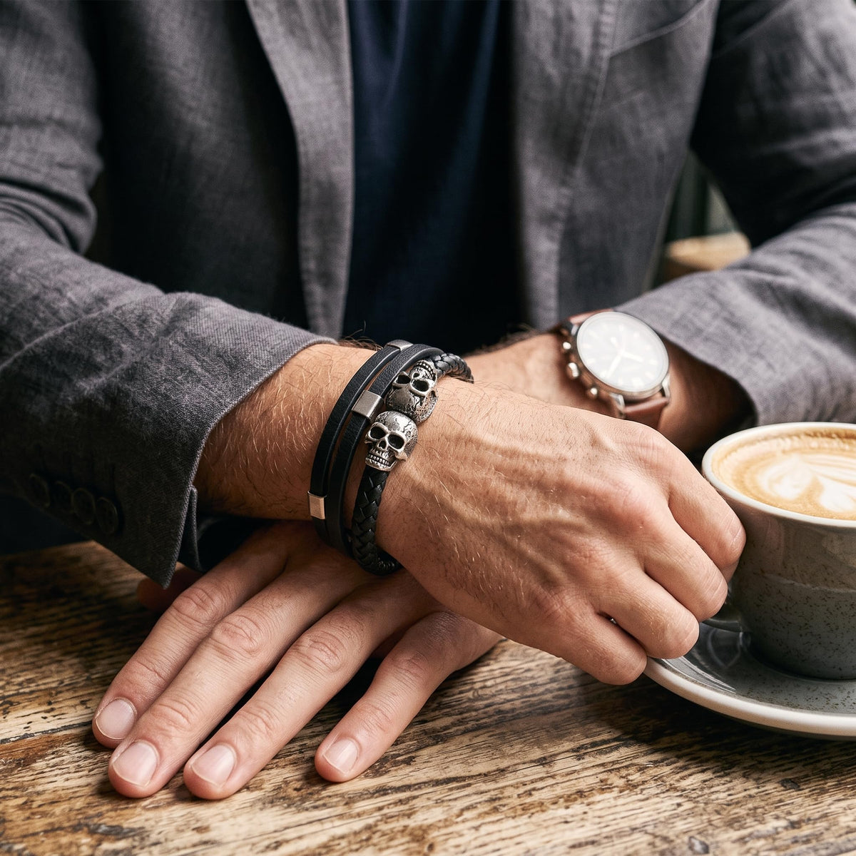 Men's Leather Skull Bracelet - Braided Silver Skulls