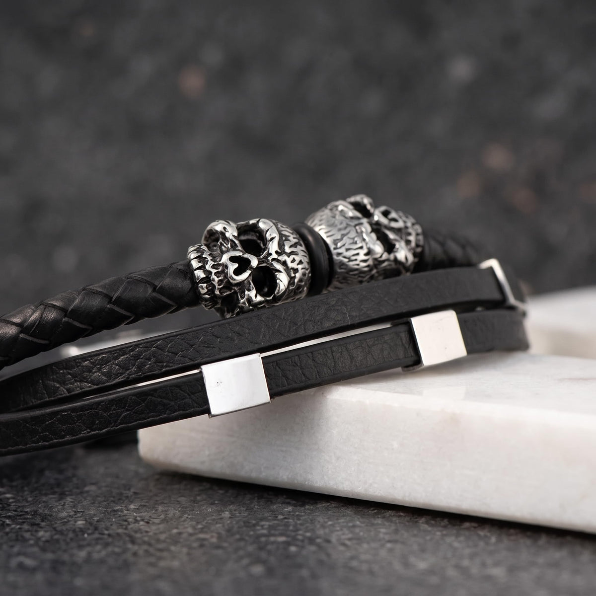 Men's Leather Skull Bracelet - Braided Silver Skulls