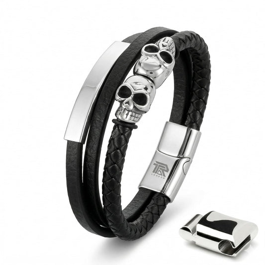Men's Leather Skull Bracelet - Antique Silver Nordic Viking