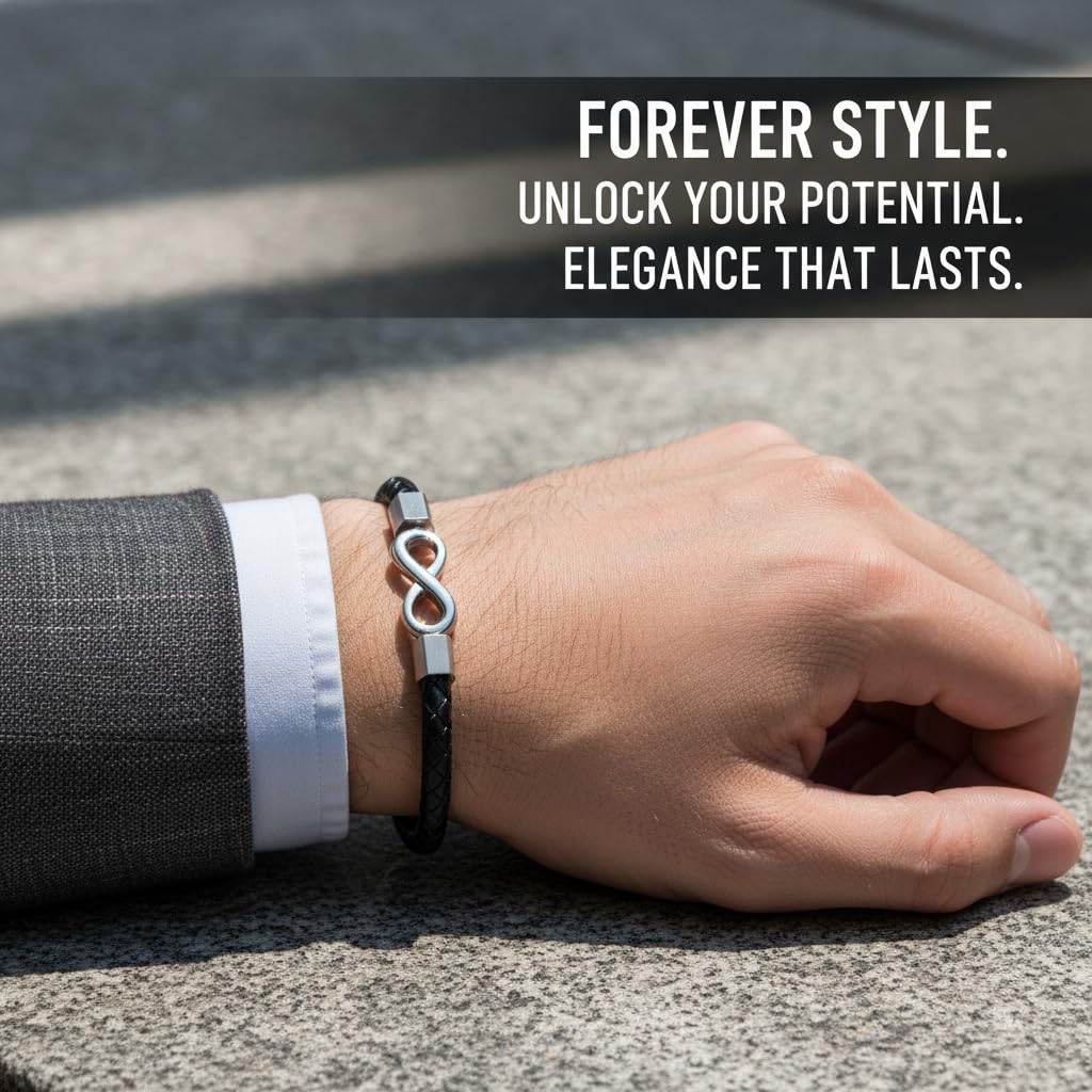 Black Leather Bracelet Polished Silver Infinity