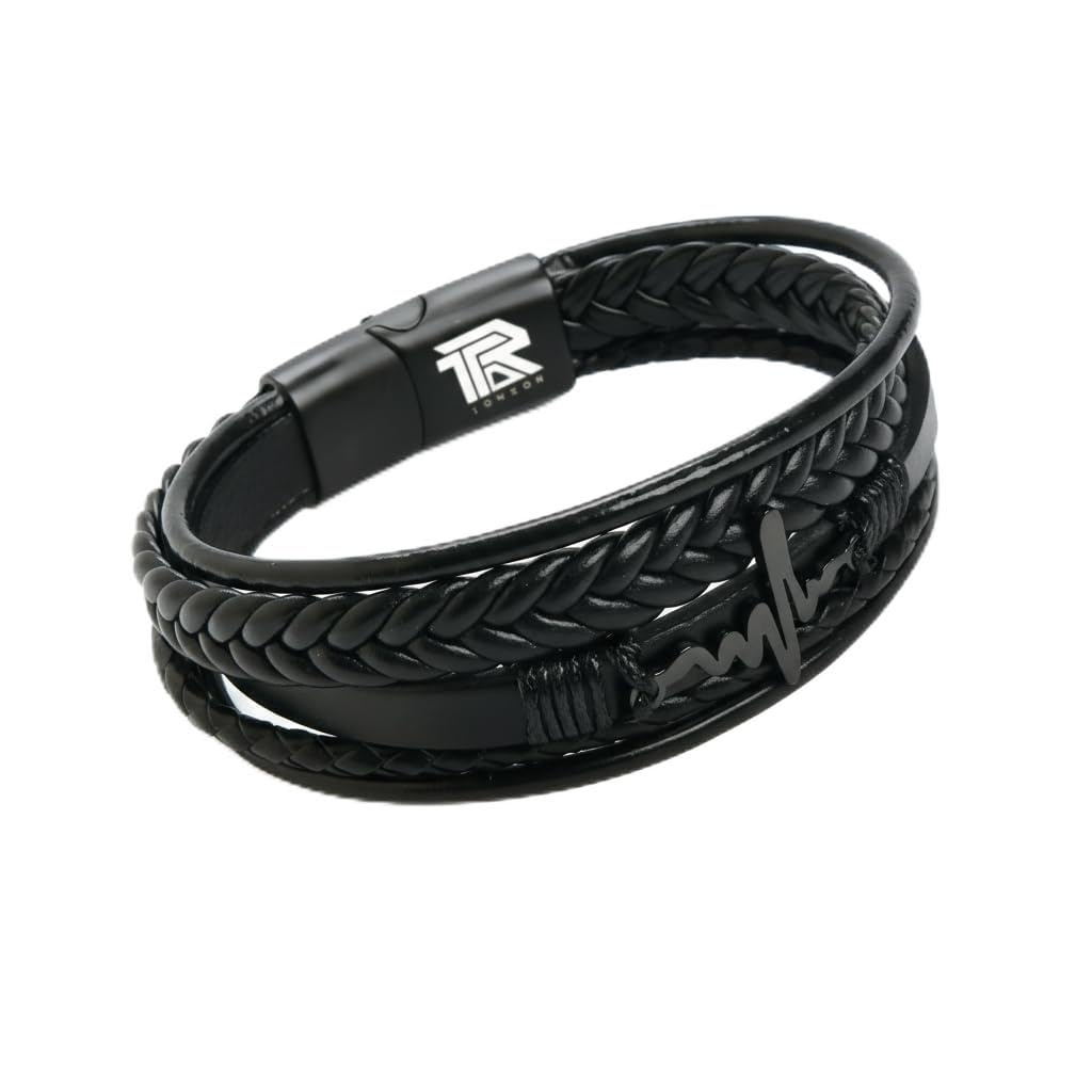 Heart Beat Multi-Layer Braided Leather Bracelet Black