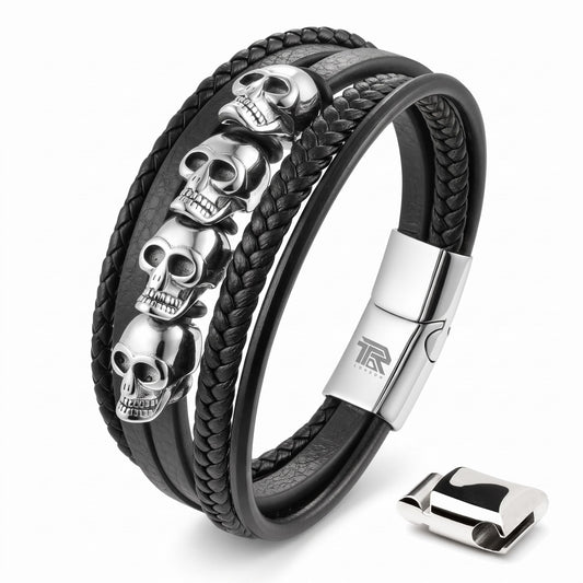 Men's Leather Skull Bracelet - Antique Silver 5-Skull - Multi Gothic Style